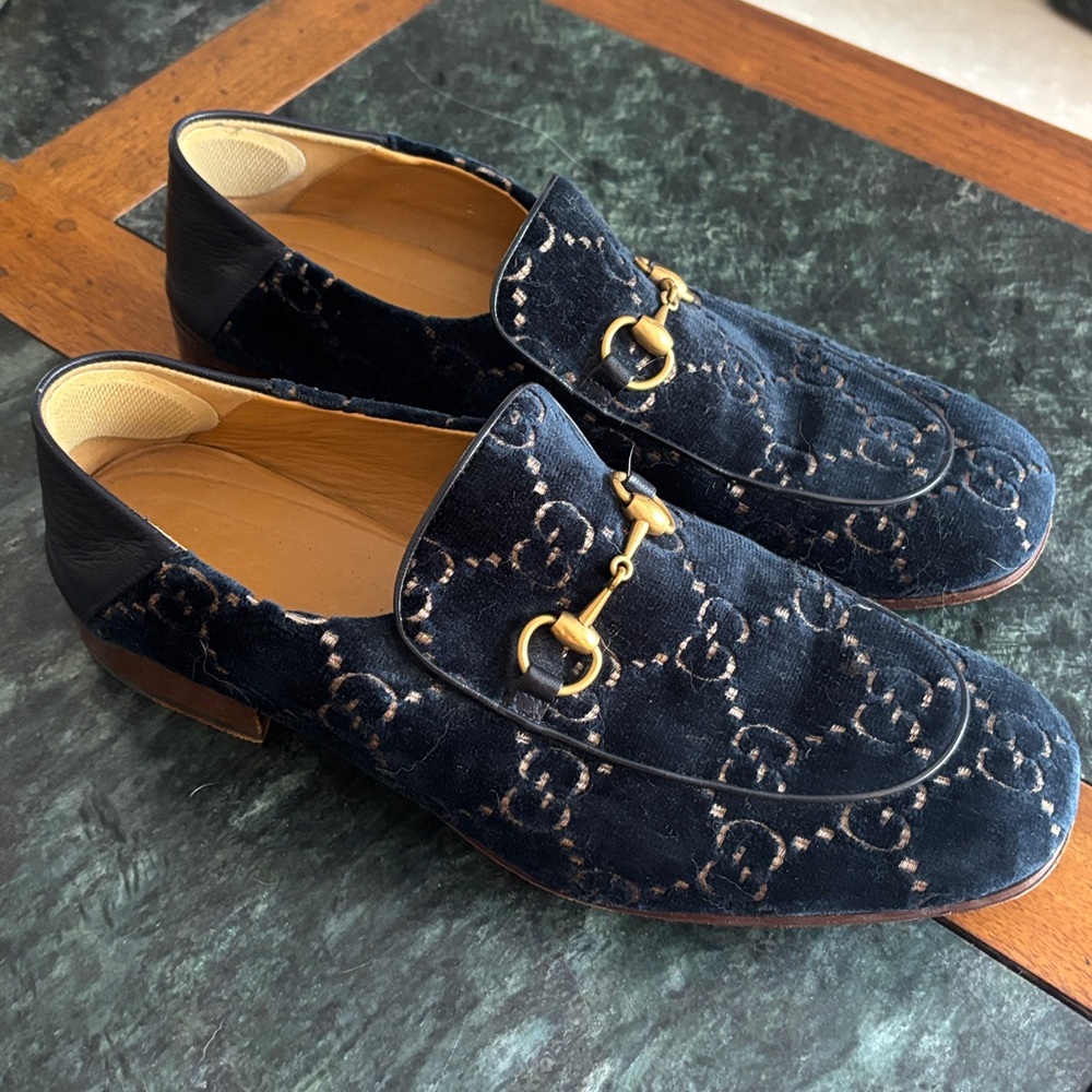 Gucci Gold and Blue Loafers with Velvet Finish